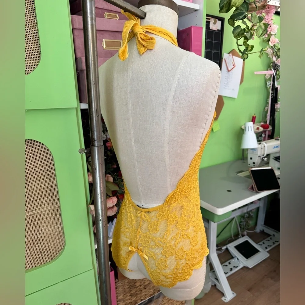 Yellow Lace Crotchless Bodysuit - Picture 2 of 2